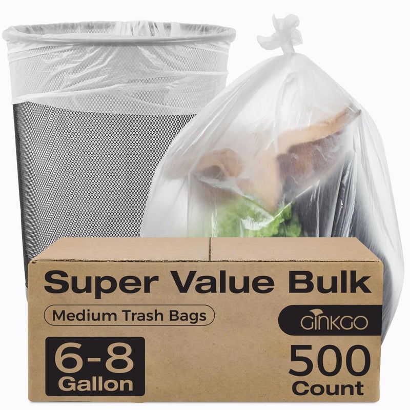 Ginkgo 6-8 Gallon Medium Trash Bags 500 Count Super Value Bulk Kitchen Garbage Bags Unscented Clear Wastebasket Bin Liners - Image 1